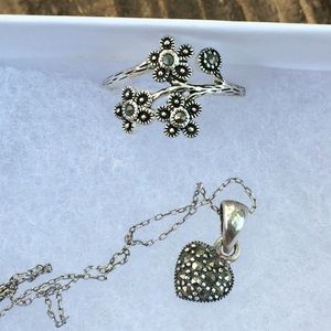 Sterling Marcasite heart necklace and flower ring